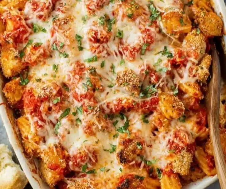 Delicious Chicken Parmesan Casserole topped with cheese and herbs
