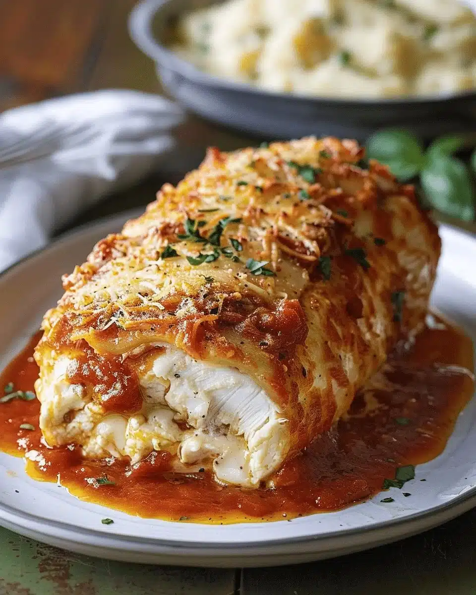 Creamy Chicken Parmesan stuffed with cream cheese for a delicious twist.