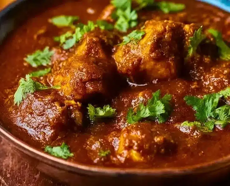 Delicious Chicken Rogan Josh served with rice, showcasing rich colors and spices.