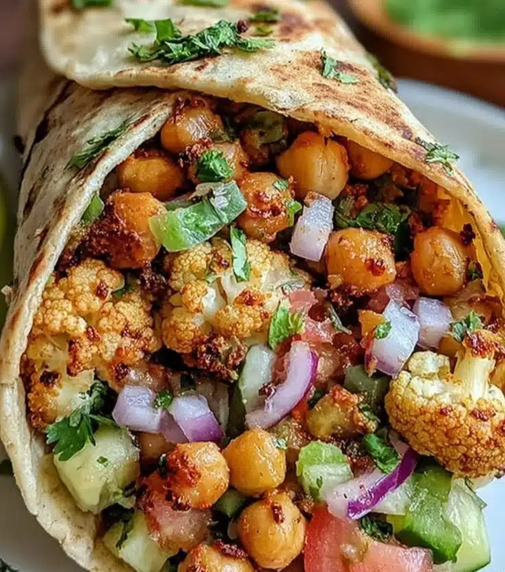 Chickpea cauliflower wraps filled with fresh veggies and spices