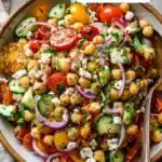 Colorful chickpea salad with vegetables, herbs, and dressing.