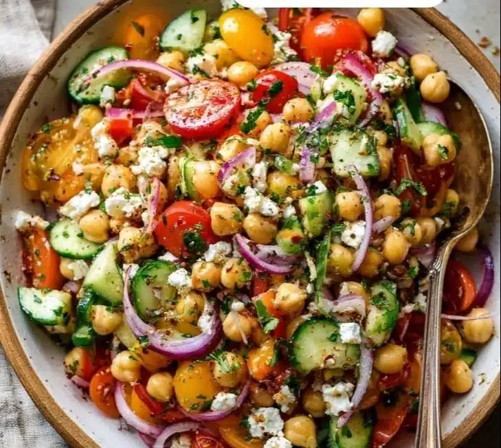 Colorful chickpea salad with vegetables, herbs, and dressing.