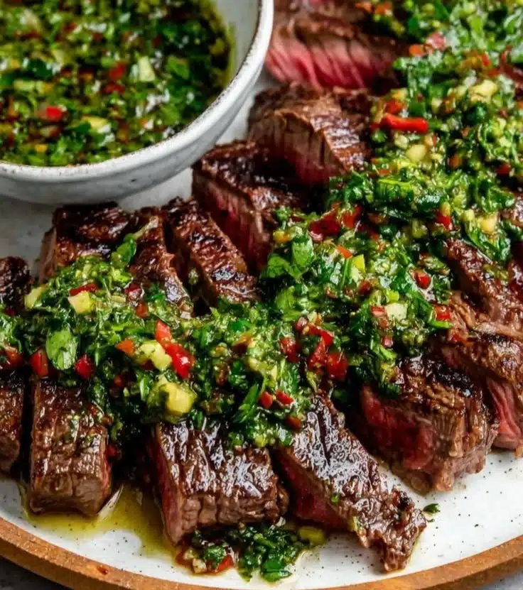Delicious Chimichurri Steak served with fresh herbs and spices.
