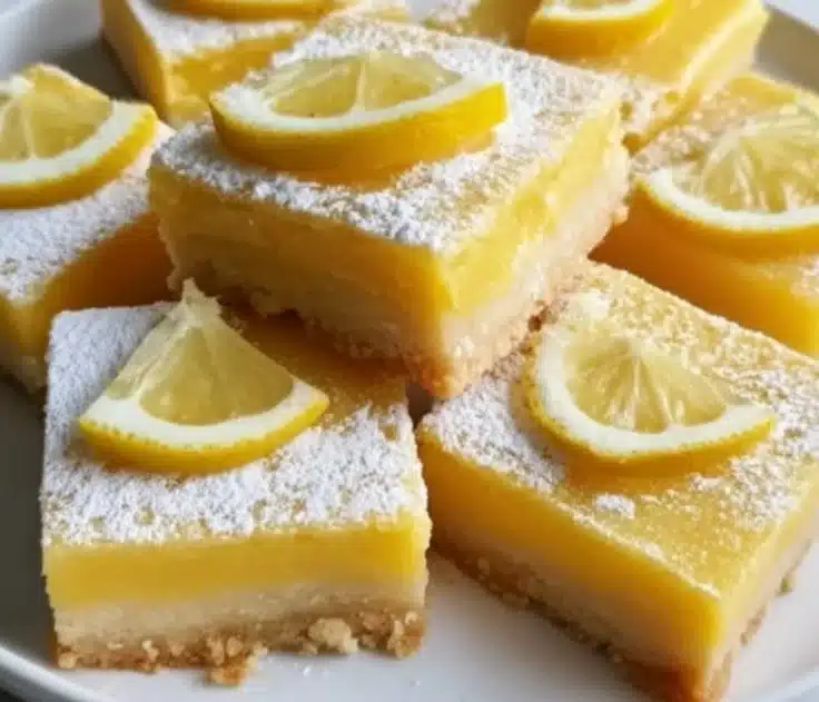 Delicious classic Meyer Lemon Bars on a white plate, topped with powdered sugar.