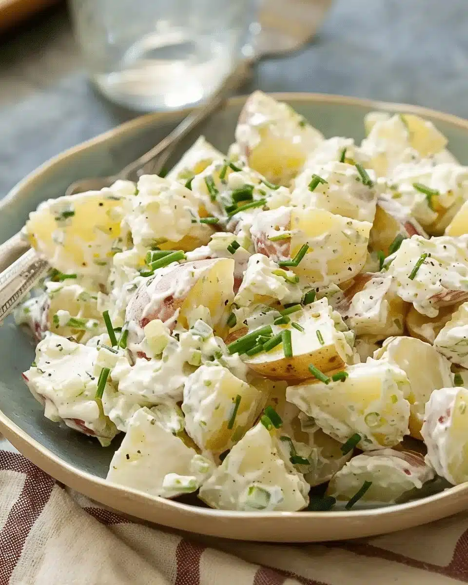 Classic Red Potato Salad with dressing and herbs in a bowl