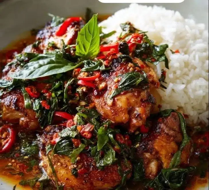 Delicious Coconut Basil Chicken served with fresh herbs and vibrant vegetables.