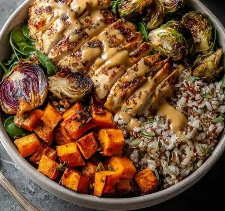 Cozy Maple Dijon Chicken bowls with fresh vegetables and grains