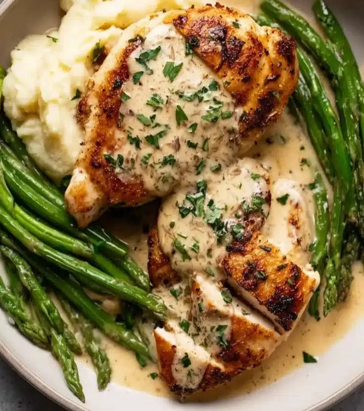 Creamy garlic parmesan chicken served with herbs and spices on a plate