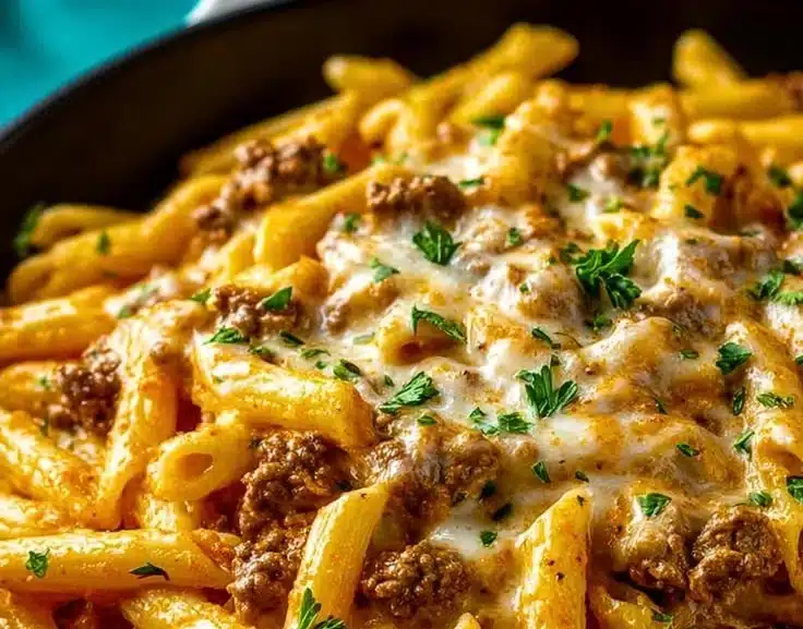 Creamy high protein beef pasta dish served with herbs and cheese.