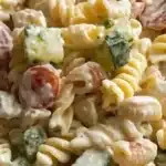 Delicious creamy pasta salad with colorful vegetables and herbs