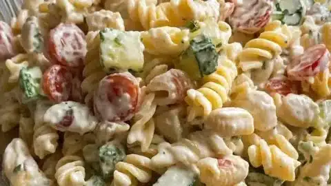 Delicious creamy pasta salad with colorful vegetables and herbs