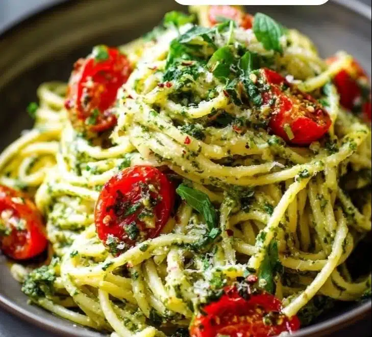 Creamy pesto pasta dish with fresh basil and parmesan cheese
