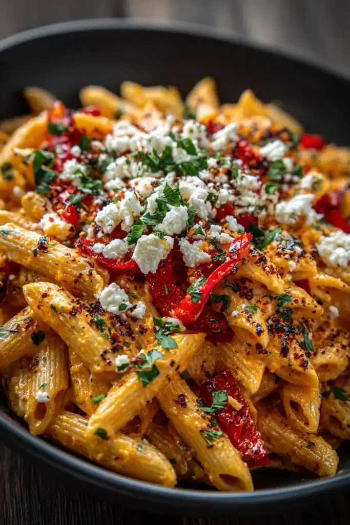 Creamy roasted red pepper pasta topped with feta cheese in a bowl.