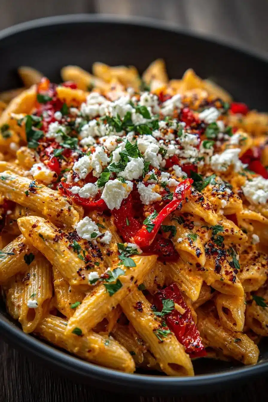 Creamy roasted red pepper pasta topped with feta cheese in a bowl.
