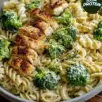 Creamy pasta with rotisserie chicken and broccoli in a bowl