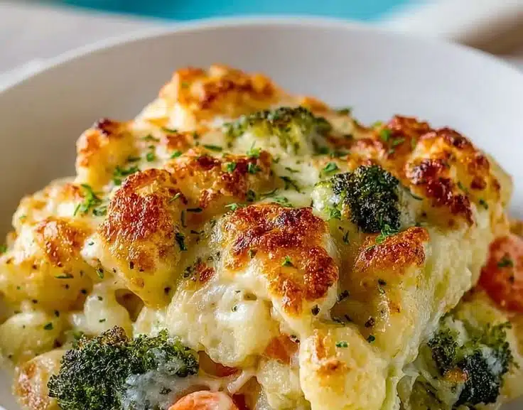 Creamy winter vegetable casserole with fresh seasonal vegetables.