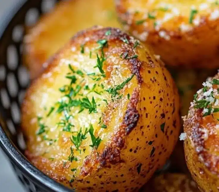 A plate of crispy air fryer potatoes seasoned and golden brown