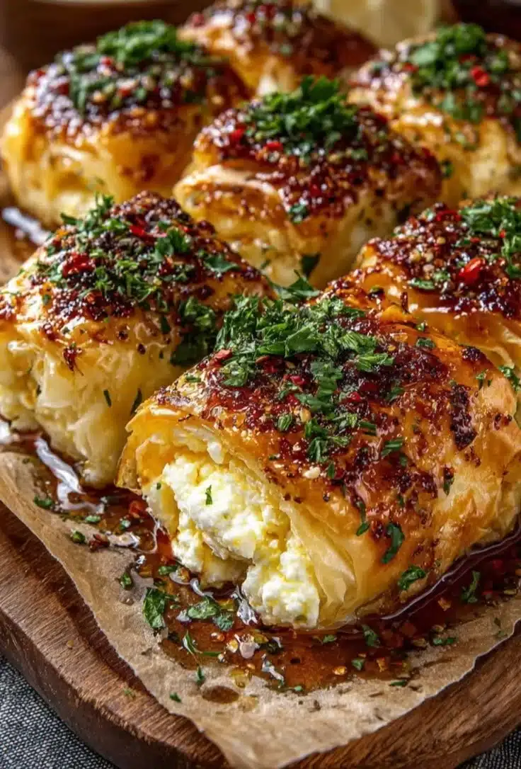 Delicious crispy baked feta rolls topped with hot honey