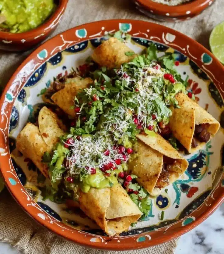 Plate of crispy black bean taquitos garnished with fresh toppings