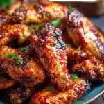 Crispy oven-baked honey BBQ chicken wings served on a platter