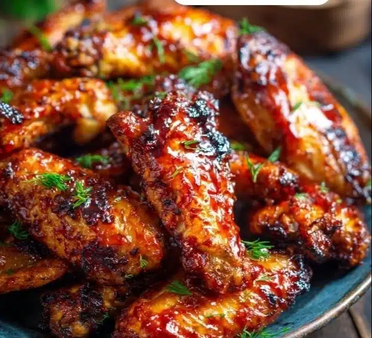 Crispy oven-baked honey BBQ chicken wings served on a platter