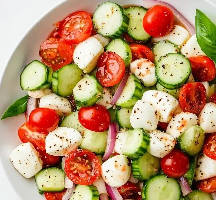 Cucumber Caprese Salad with tomatoes, mozzarella, and basil garnished with olive oil.