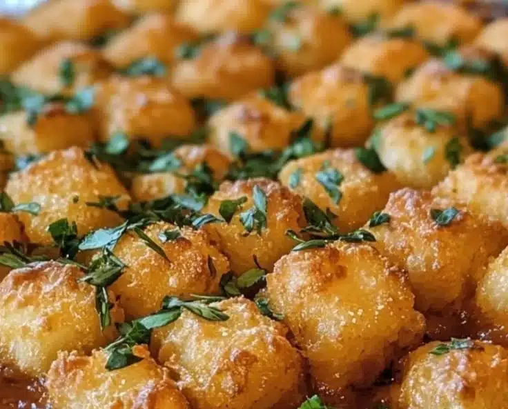 Dairy Free Tater Tot Casserole topped with crispy tater tots and fresh herbs