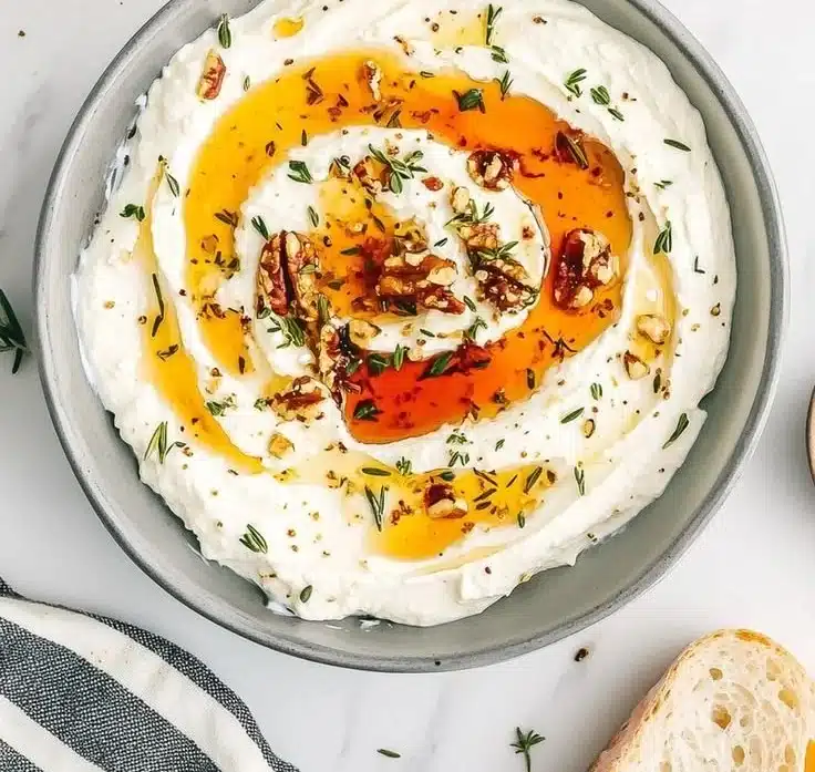 Delicious ricotta dip topped with hot honey served in a bowl