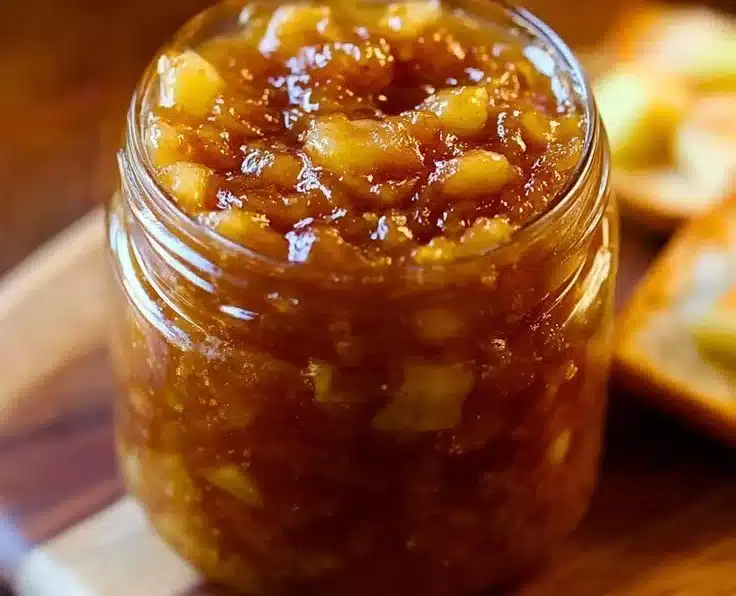 Homemade easy fall caramel apple jam in a jar with fresh apples