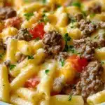 Easy Loaded Cheeseburger Alfredo Pasta with creamy sauce and toppings
