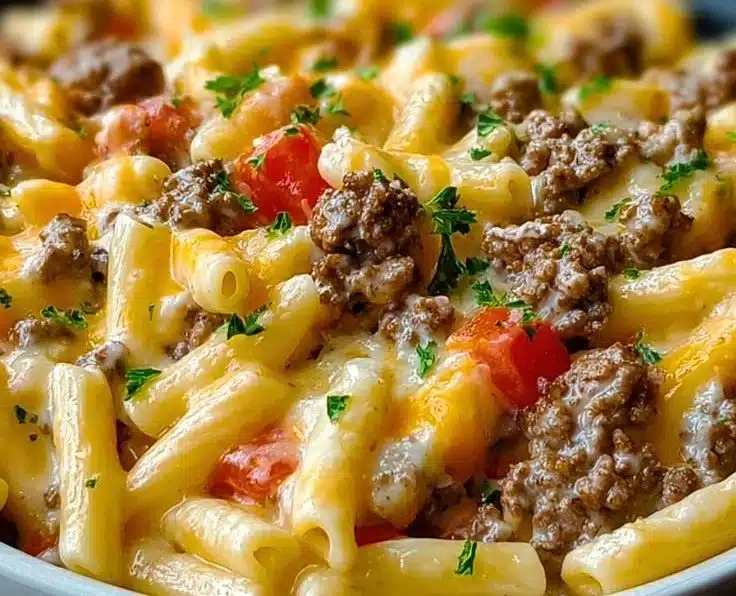 Easy Loaded Cheeseburger Alfredo Pasta with creamy sauce and toppings