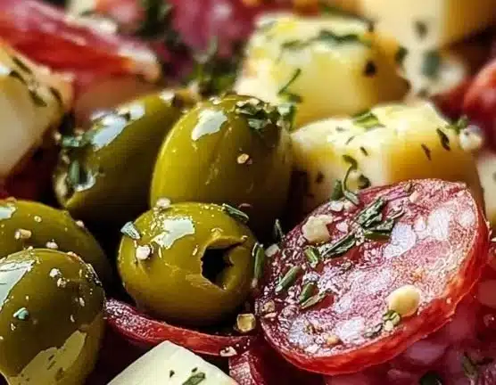 Easy marinated cheese appetizer with salami and green olives served in a dish