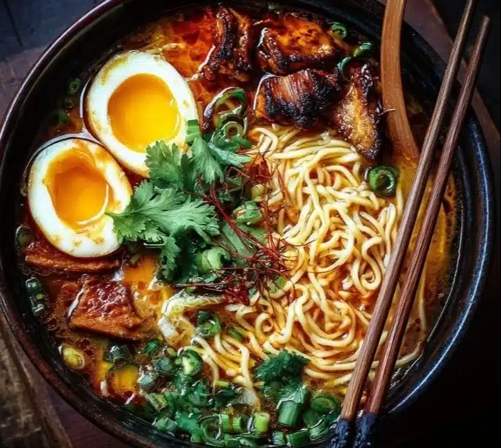 Bowl of homemade easy ramen noodle recipe with fresh ingredients