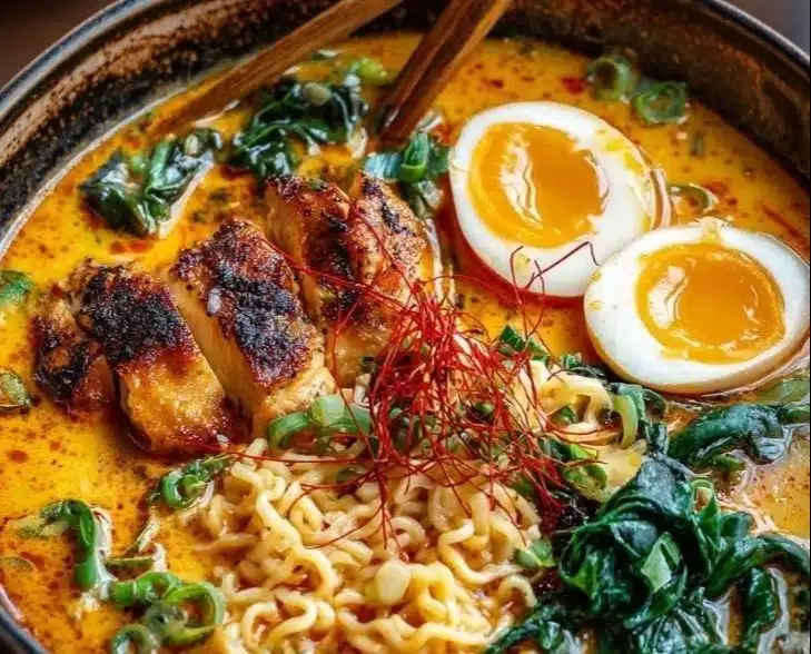 Bowl of Fiery Chicken Ramen topped with creamy garlic sauce and fresh herbs
