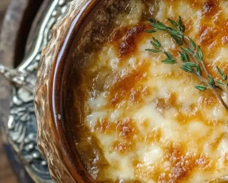 A bowl of rich and cheesy French Onion Soup topped with toasted bread and herbs.