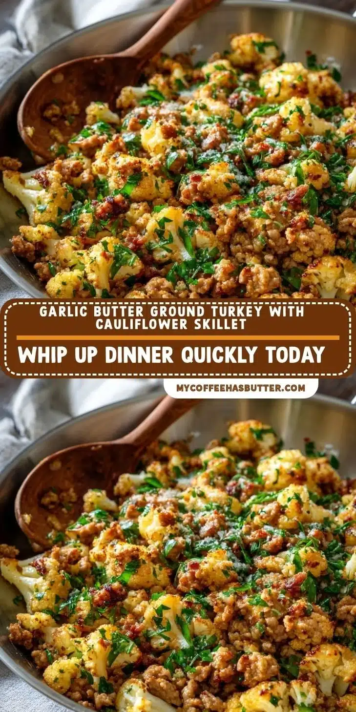 Garlic Butter Ground Turkey with Cauliflower Skillet served in a skillet