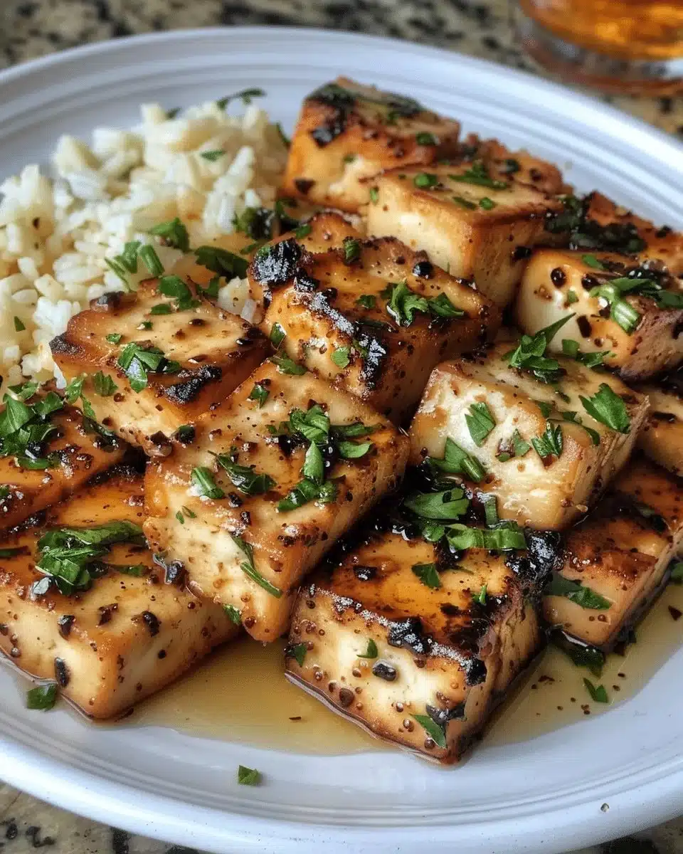 Plate of Garlic Herb Butter Tofu garnished with herbs