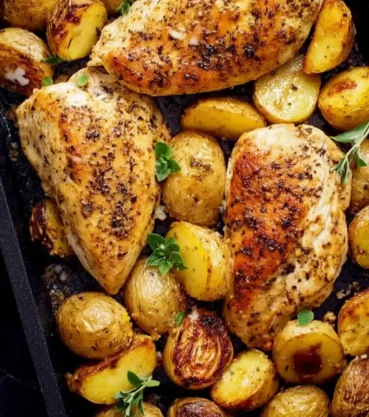 Delicious Garlic Parmesan Chicken served with roasted potatoes on a plate.