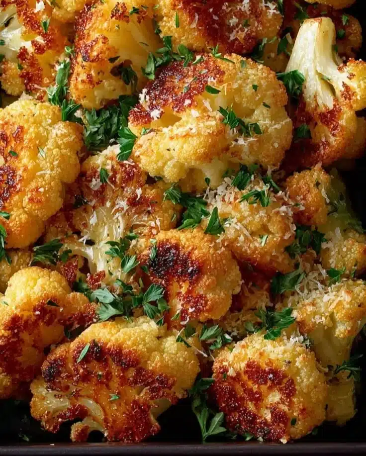 Bowl of Garlic Parmesan Roasted Cauliflower, garnished with herbs and cheese