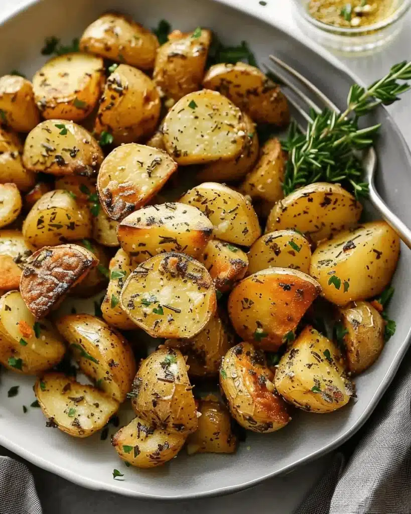 Plate of garlic roasted potatoes garnished with herbs.