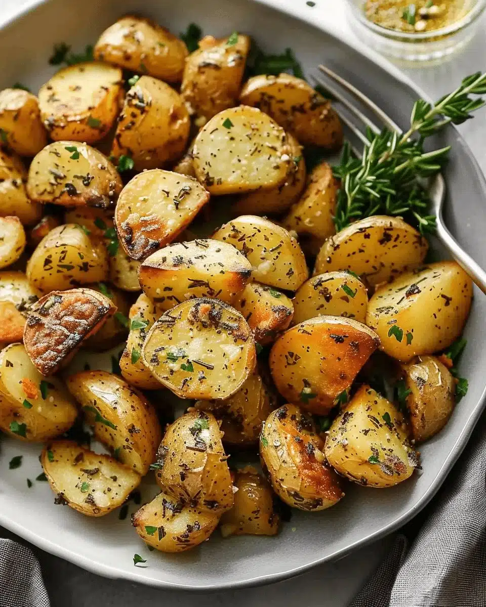 Plate of garlic roasted potatoes garnished with herbs.