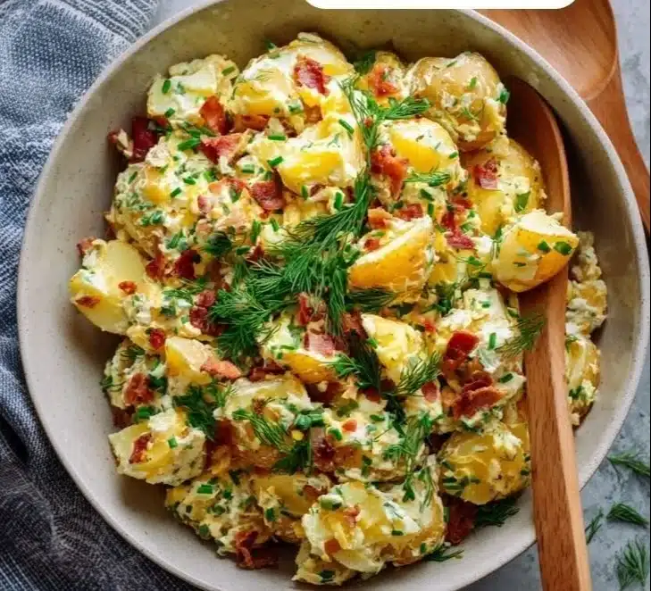 Bowl of traditional German Potato Salad with herbs and dressing