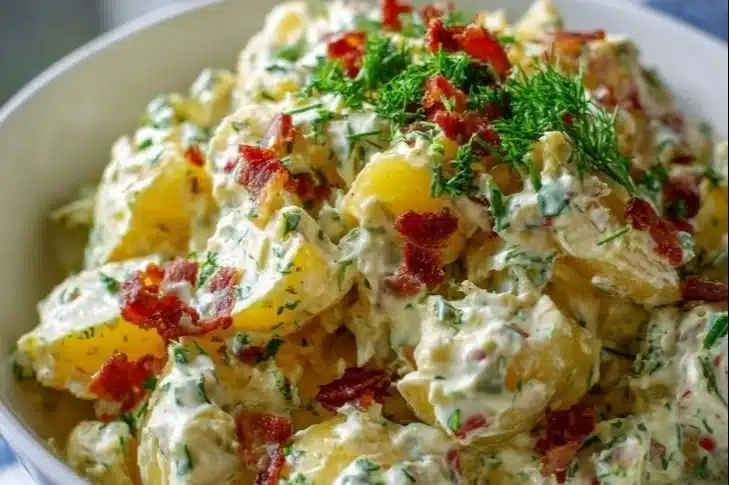 Bowl of traditional German Potato Salad with herbs and dressing