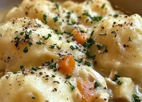 Bowl of gluten free chicken and dumplings garnished with fresh herbs.