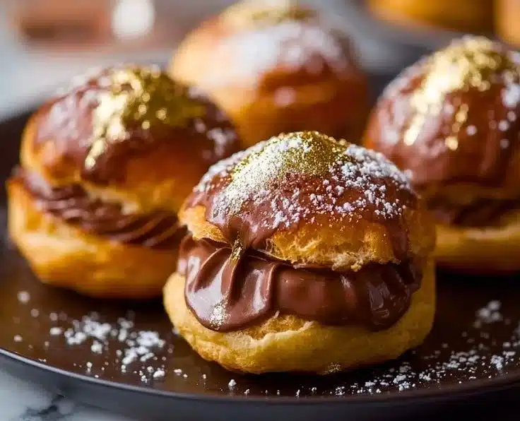 Gold dusted chocolate profiteroles served on a elegant plate