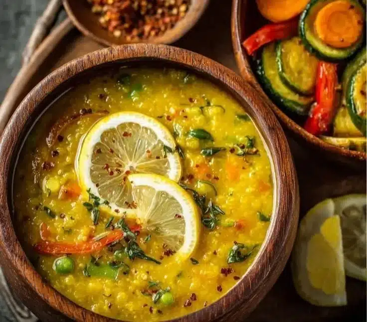 Bowl of golden lemon lentil soup garnished with fresh herbs