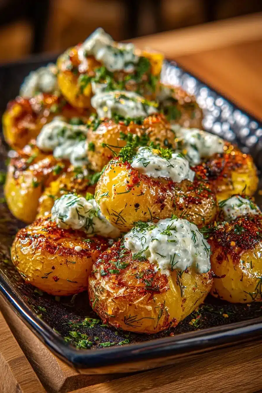 Golden smashed potatoes topped with herbed yogurt on a white plate.
