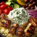 Healthy Greek chicken souvlaki bowls with grilled chicken and fresh veggies