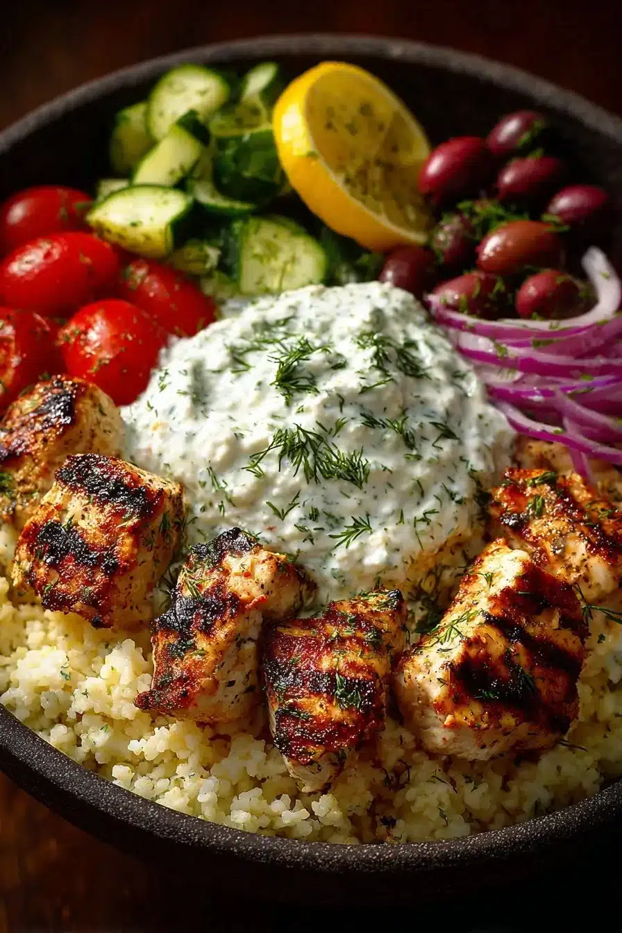 Healthy Greek chicken souvlaki bowls with grilled chicken and fresh veggies