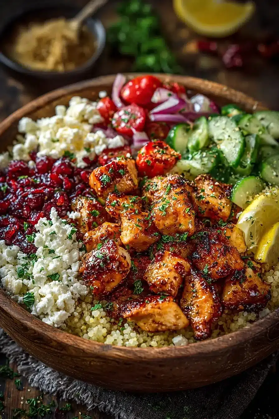Greek Honey Garlic Chicken Bowl topped with cranberries for a flavorful twist.